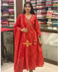 Flared Cotton Kurti Pant Dupatta Set – Bandhani Print | Angrakha Neck 014124