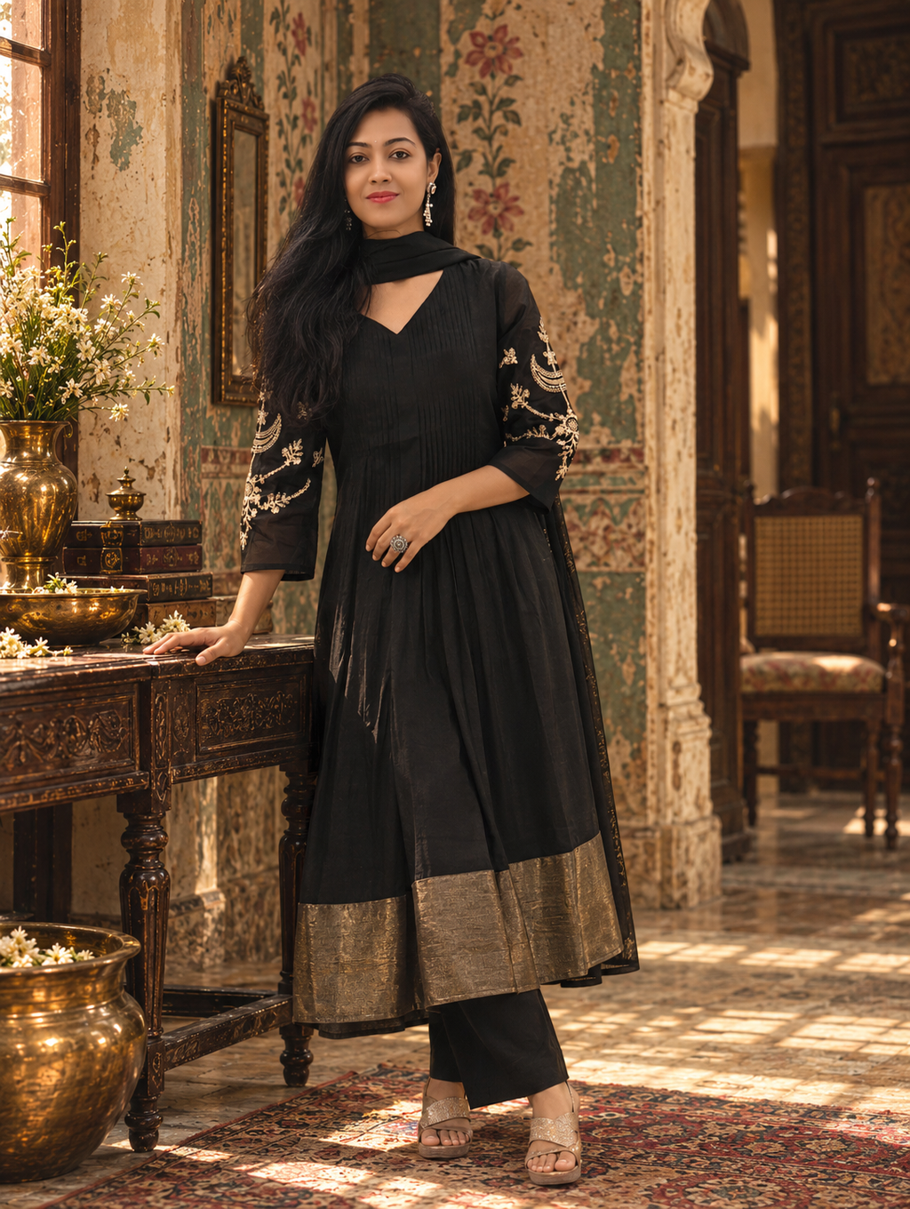 Black Silk Flared Anarkali Suit with Hand Embroidery 017488
