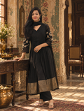 Black Silk Flared Anarkali Suit with Hand Embroidery 017488