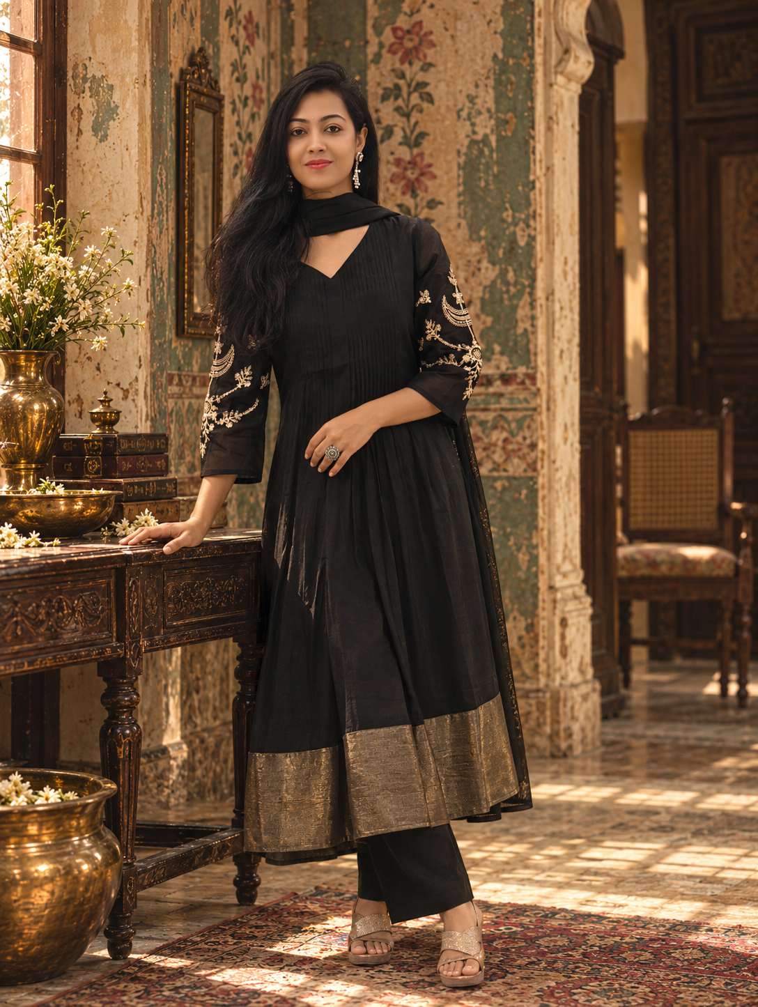 Black Silk Flared Anarkali Suit with Hand Embroidery 017488