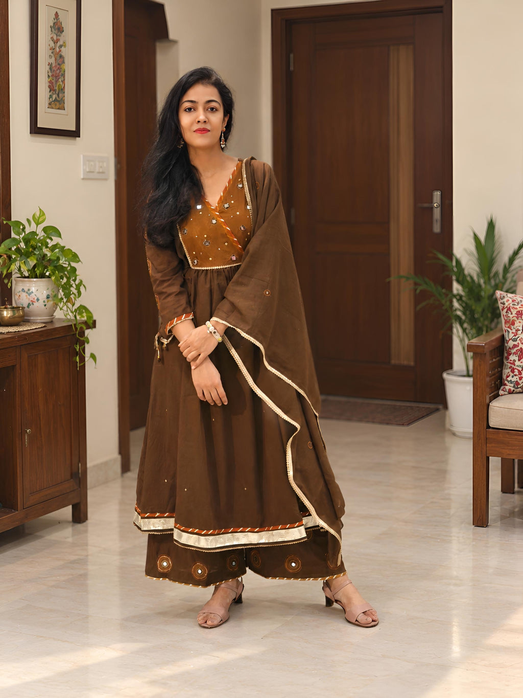 Rich Mocha Brown Flared Kurti Palazzo Set 017180