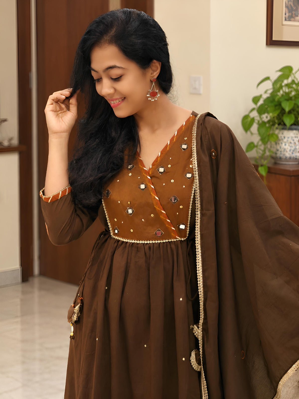 Rich Mocha Brown Flared Kurti Palazzo Set 017180