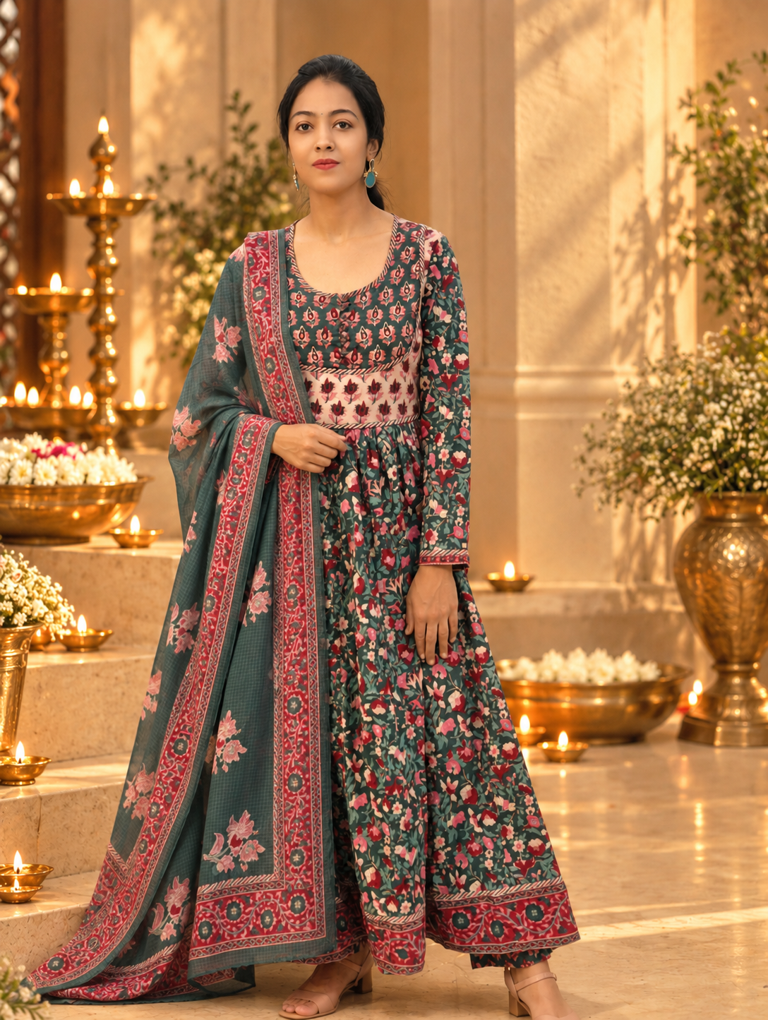 Printed Flared Dress with Pant & Dupatta 017418