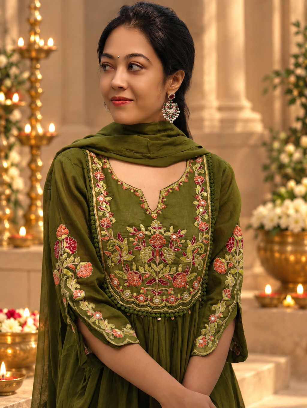Pure Cotton Mehendi Green Flared Kurti with Floral Embroidery 017170
