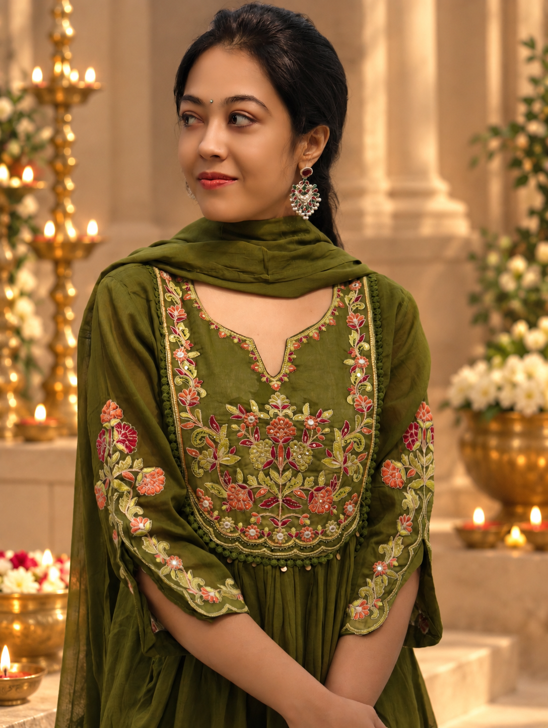 Pure Cotton Mehendi Green Flared Kurti with Floral Embroidery 017170