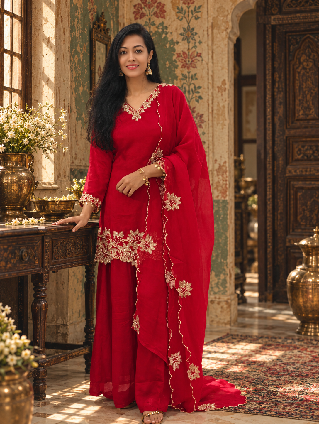 Royal Red Embroidered Chiffon Kurti, Divider & Dupatta Set 017486