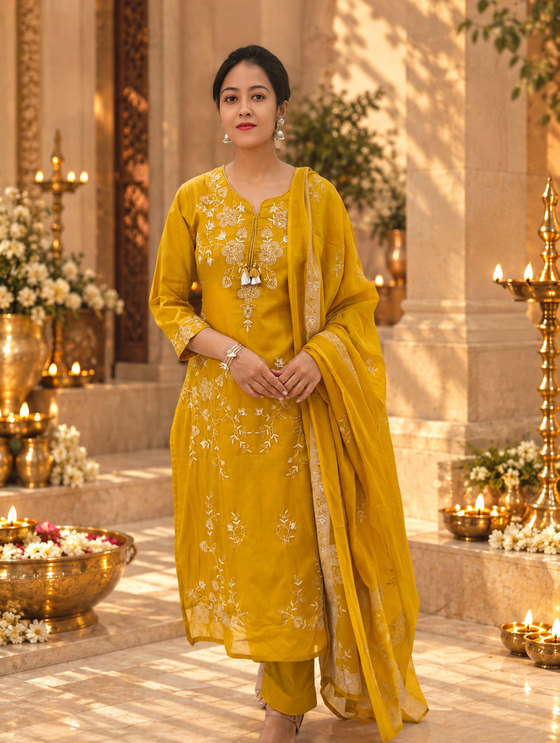 Pure Cotton Embroidery Kurti Pant Dupatta Set 017224
