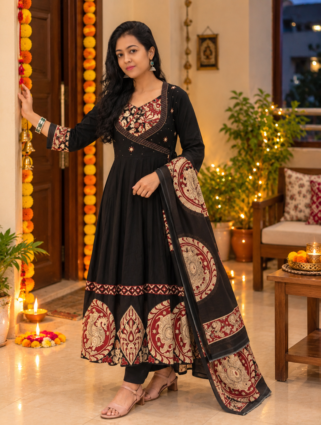 Elegant Emerald  Fully Flared Kurti Set with Kalamkari Print 017098