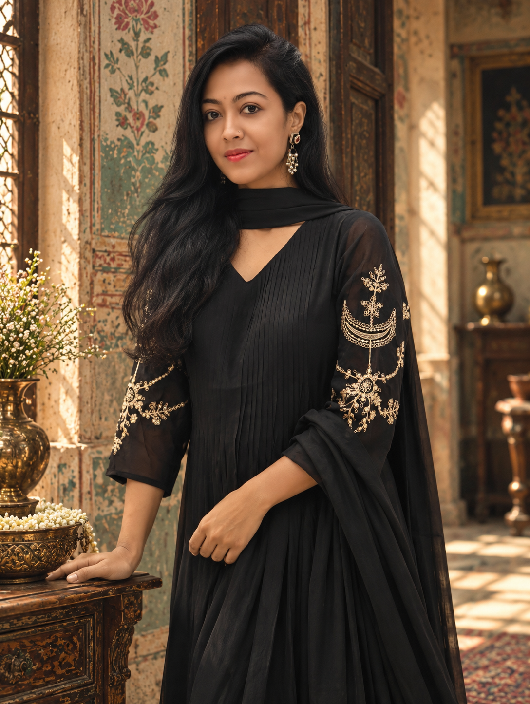 Black Silk Flared Anarkali Suit with Hand Embroidery 017488