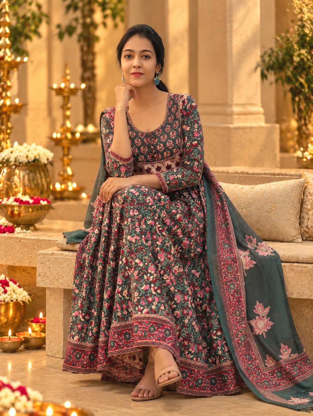 Printed Flared Dress with Pant & Dupatta 017418
