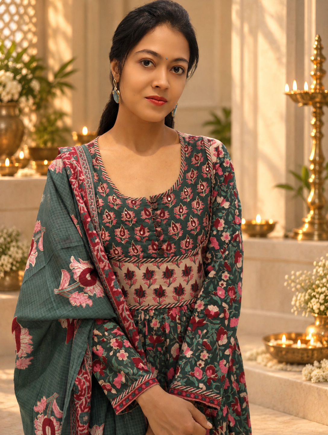 Printed Flared Dress with Pant & Dupatta 017418
