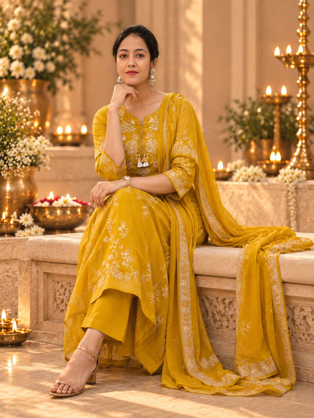 Pure Cotton Embroidery Kurti Pant Dupatta Set 017224