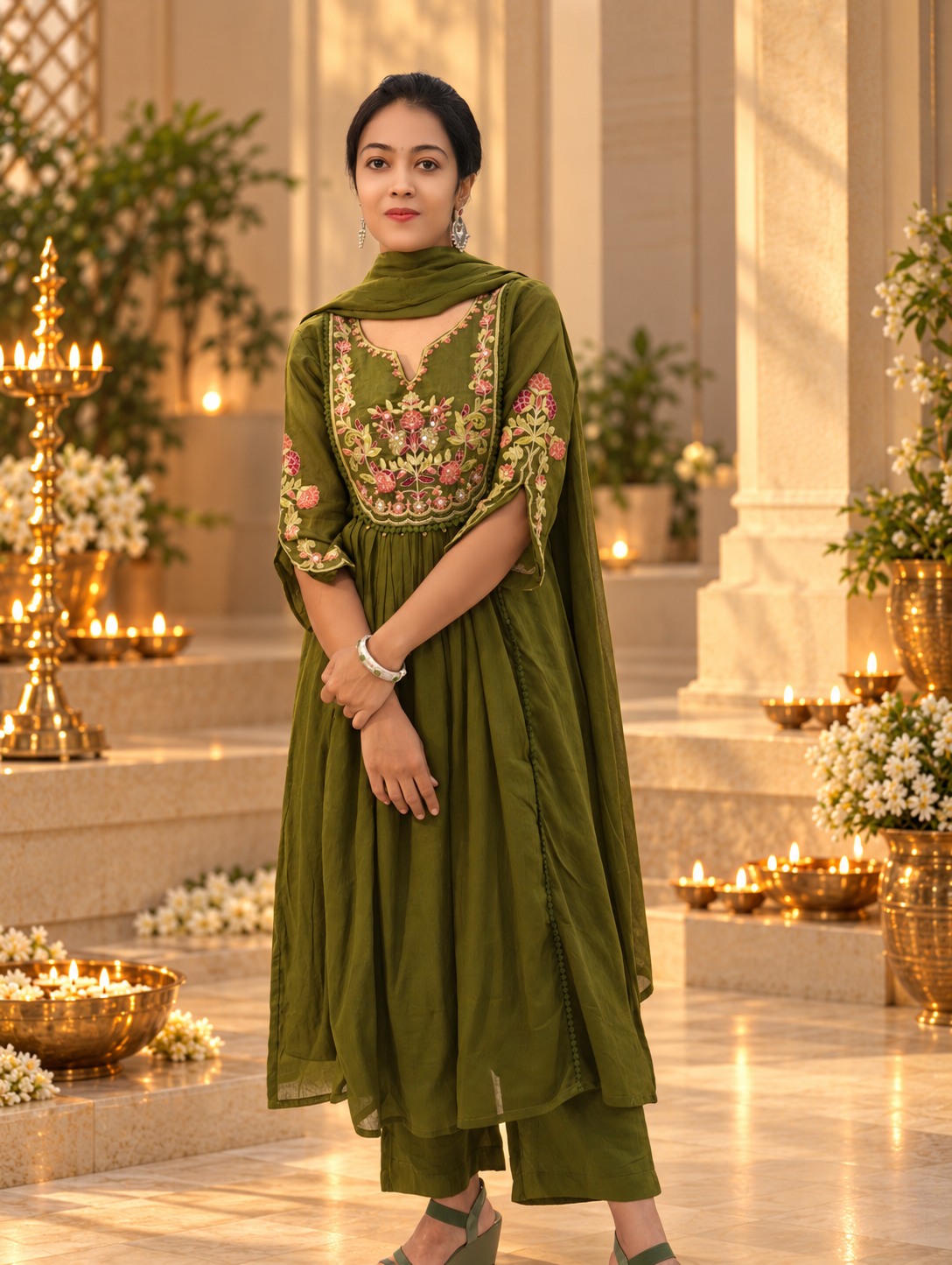 Pure Cotton Mehendi Green Flared Kurti with Floral Embroidery 017170