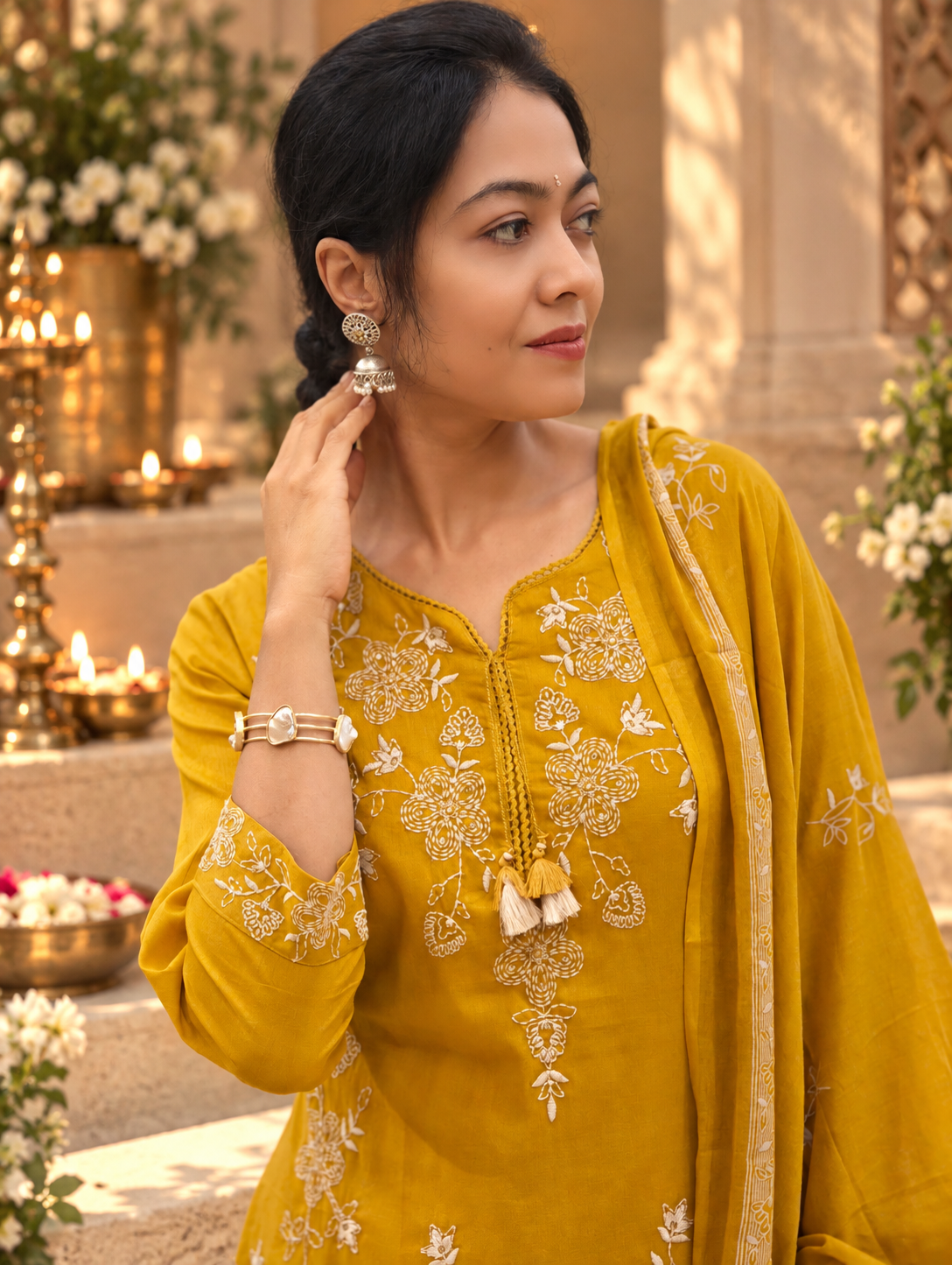 Pure Cotton Embroidery Kurti Pant Dupatta Set 017224