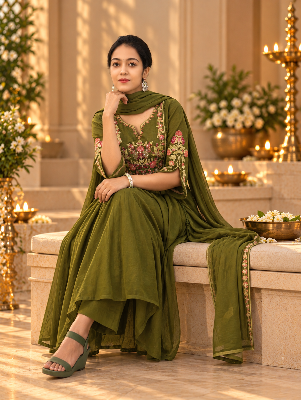 Pure Cotton Mehendi Green Flared Kurti with Floral Embroidery 017170