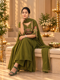 Pure Cotton Mehendi Green Flared Kurti with Floral Embroidery 017170
