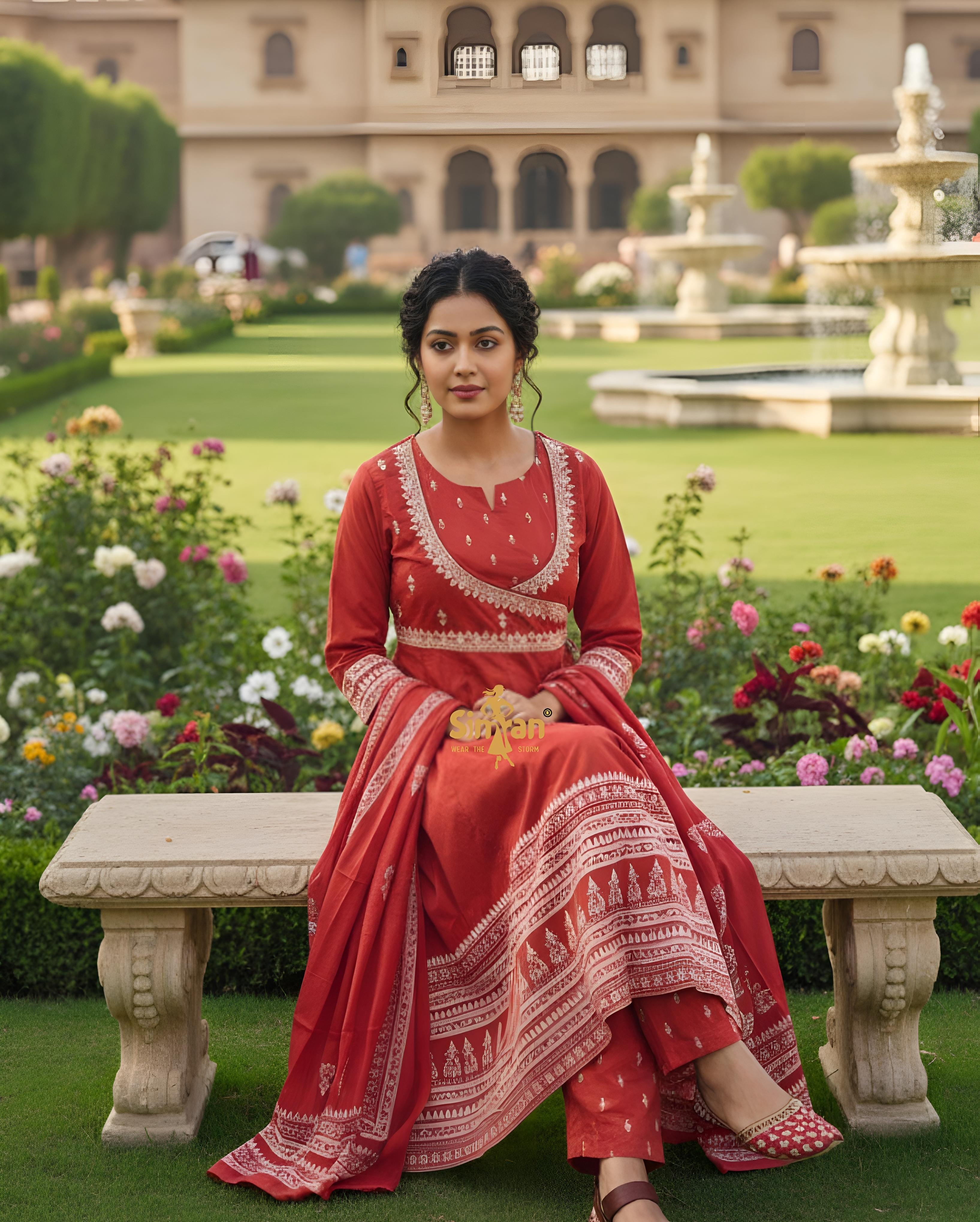 Flared Mulmul Cotton Kurti Pant Dupatta Set with Embroidery 014967