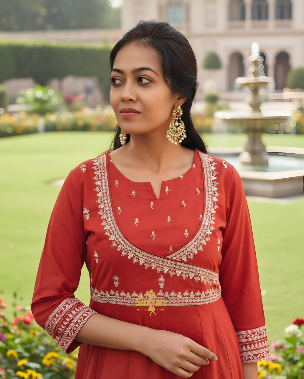 Flared Mulmul Cotton Kurti Pant Dupatta Set with Embroidery 014967