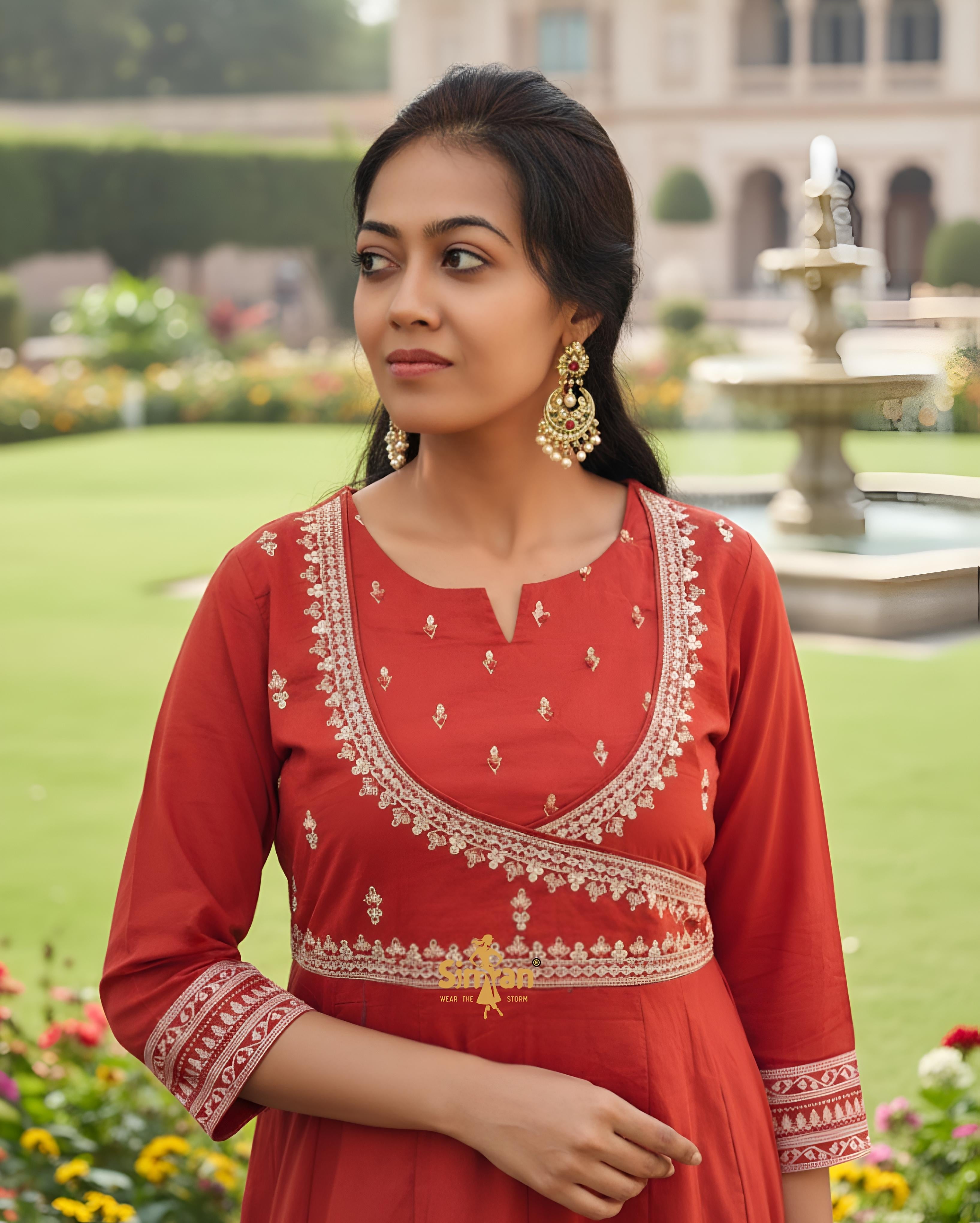 Flared Mulmul Cotton Kurti Pant Dupatta Set with Embroidery 014967