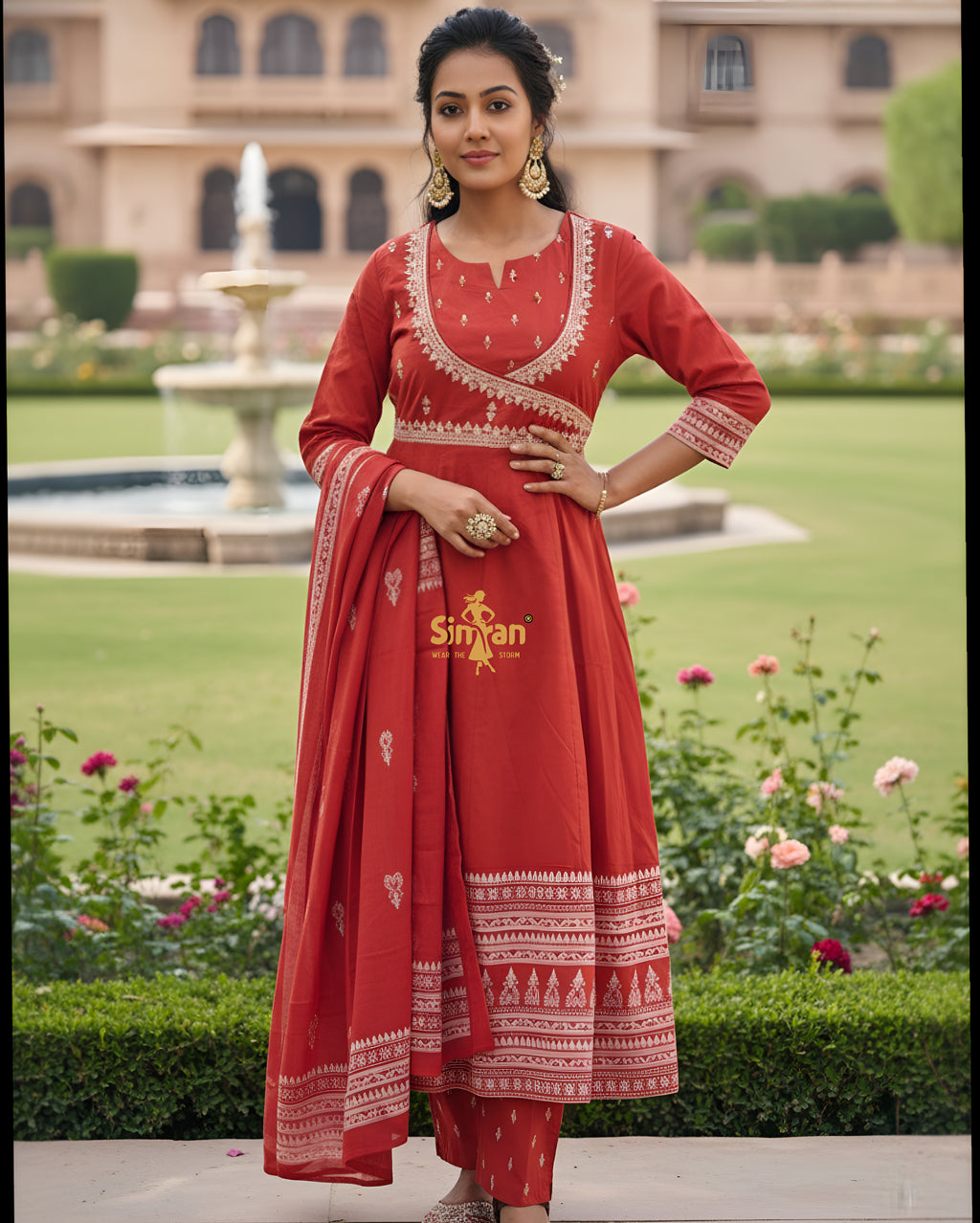 Flared Mulmul Cotton Kurti Pant Dupatta Set with Embroidery 014967