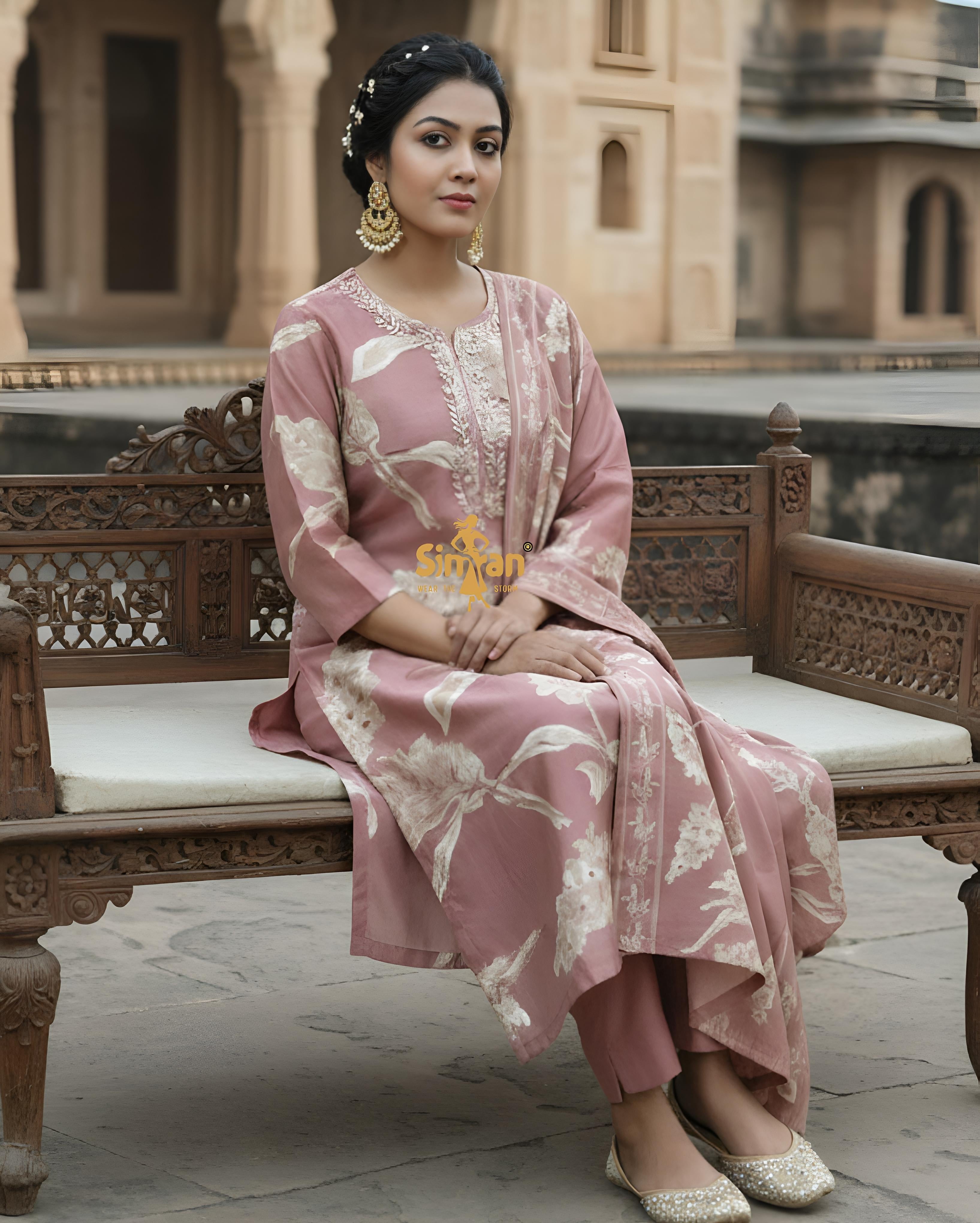 Modal Silk Kurti Pant Dupatta Set with Neck Work 014888