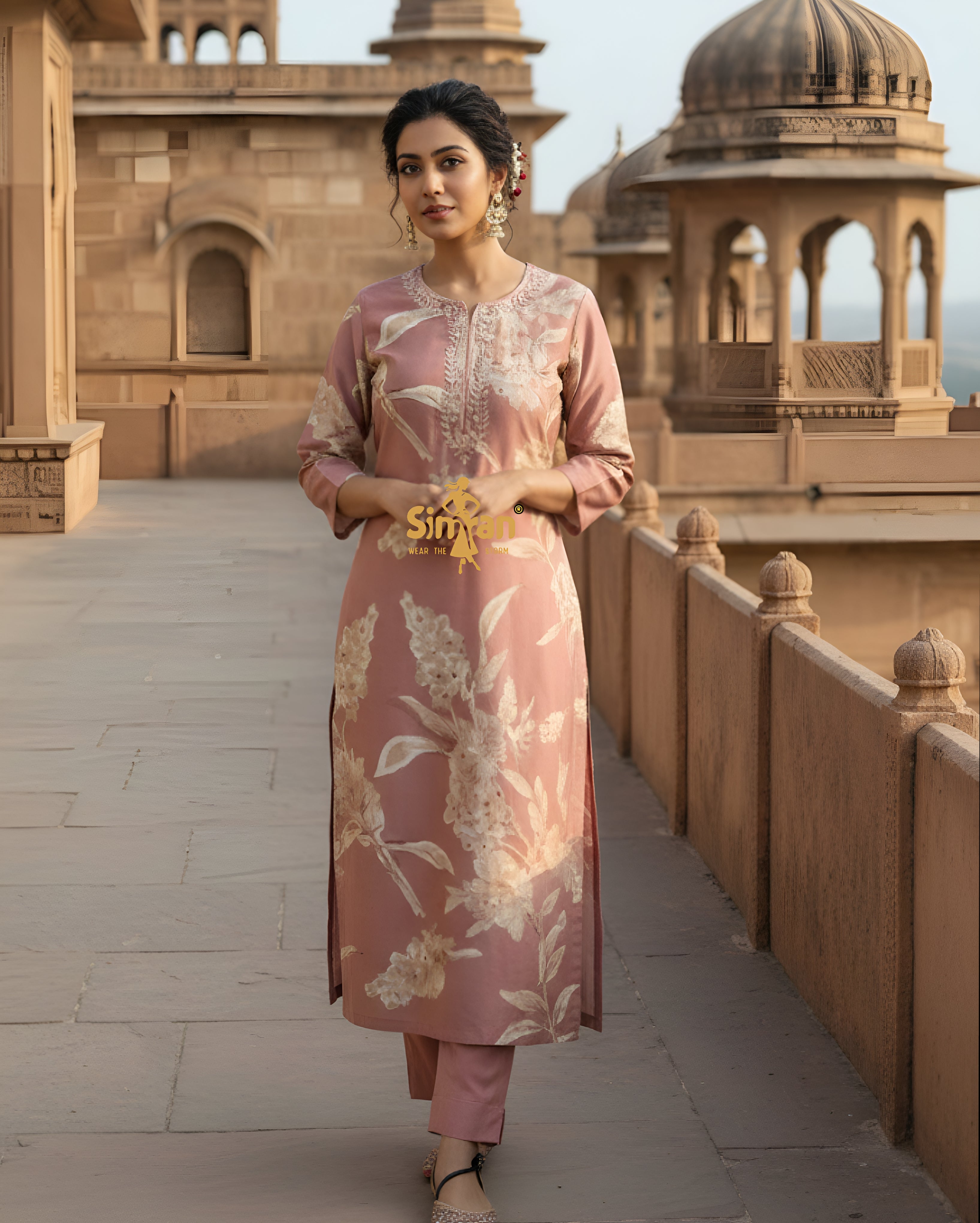 Modal Silk Kurti Pant Dupatta Set with Neck Work 014888