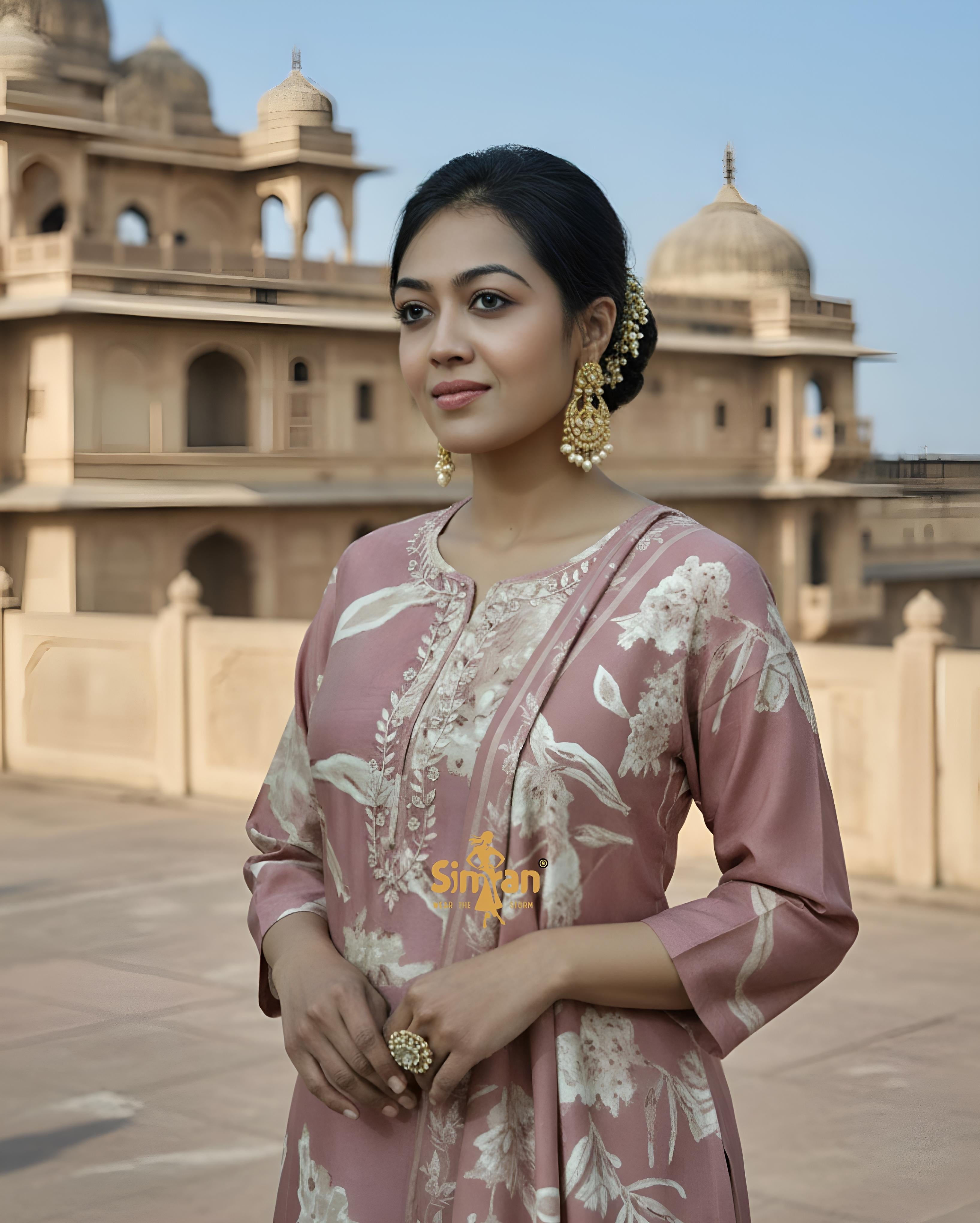 Modal Silk Kurti Pant Dupatta Set with Neck Work 014888