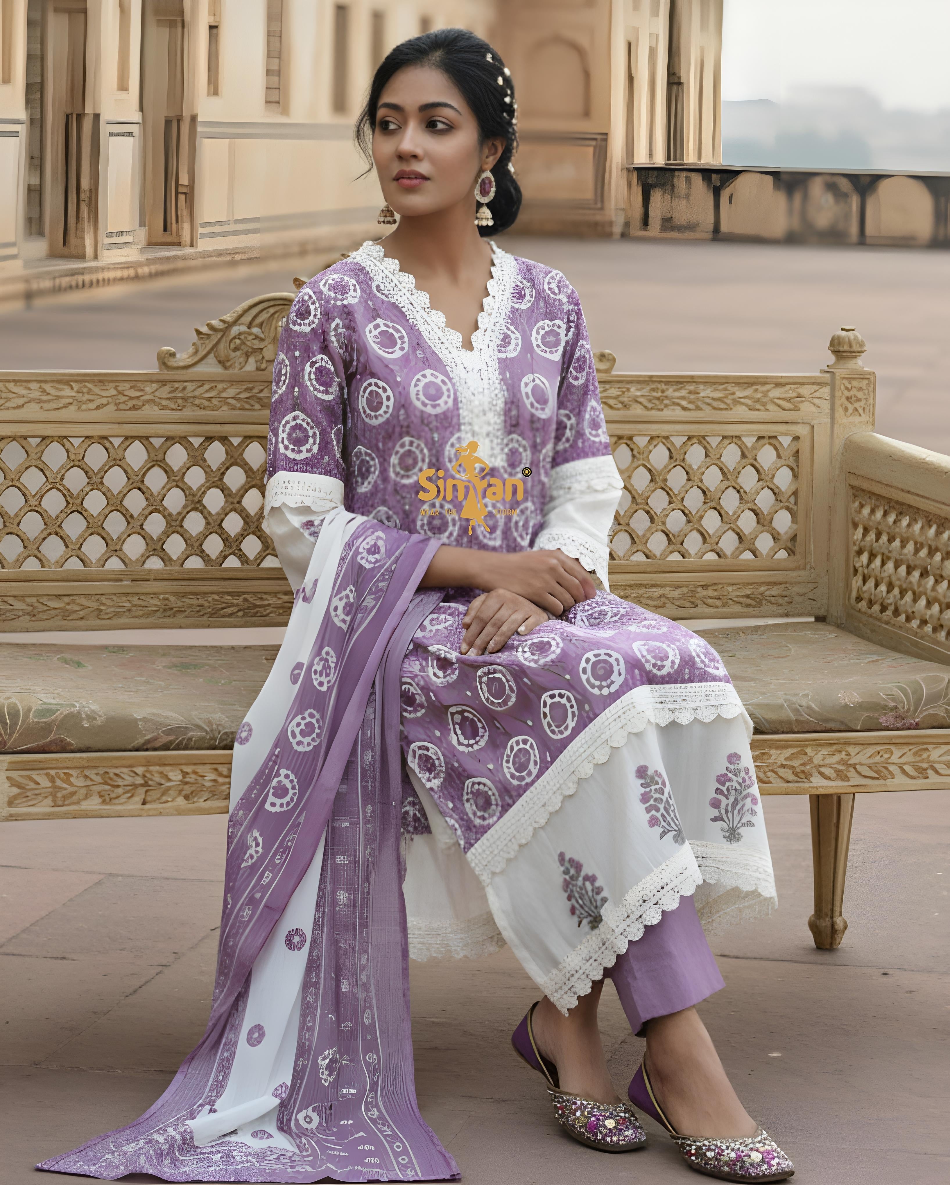 Pure Flared Cotton Kurti Pant Dupatta Set with Crosia Borders 014905