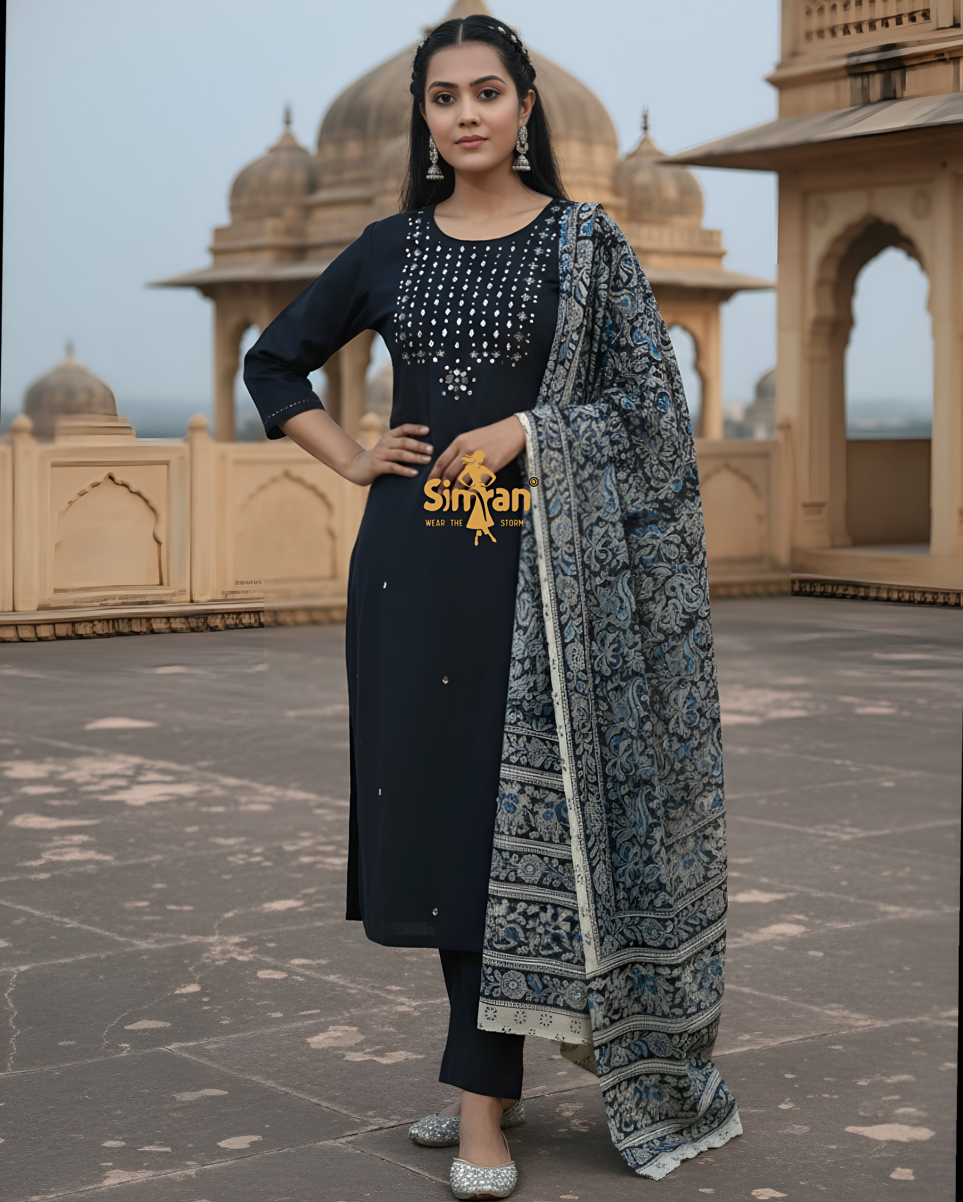 Linen Cotton Kurti Pant Set with Kalamkari Dupatta & Mirror Neck Work 014895