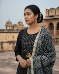 Linen Cotton Kurti Pant Set with Kalamkari Dupatta & Mirror Neck Work 014895