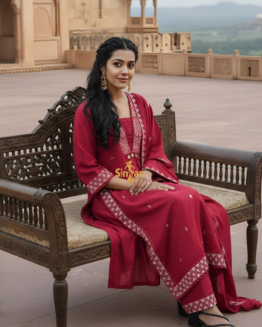 Pure A-Line Cotton Kurti Pant Dupatta Set with Side Pocket & Embroidery Borders 014956