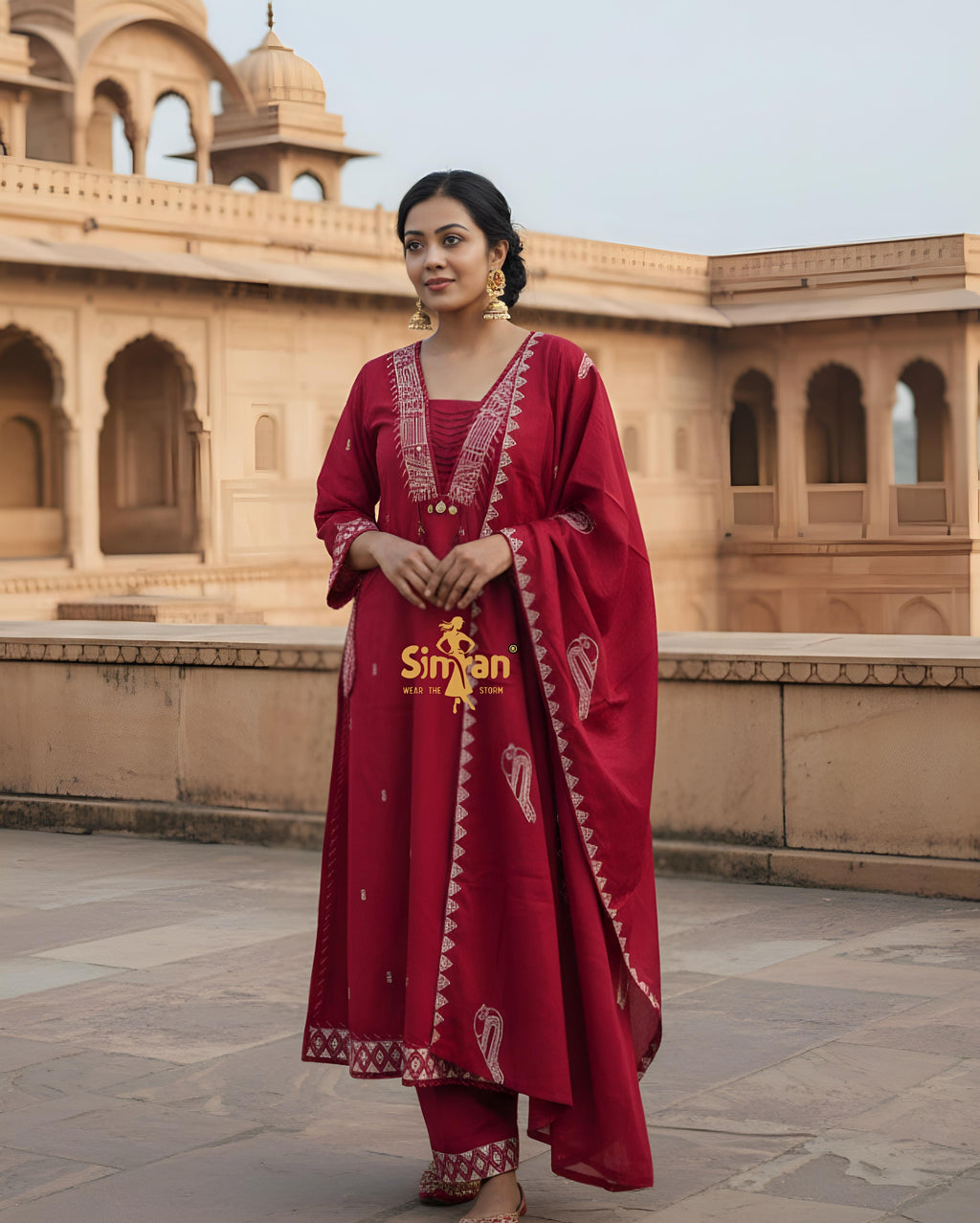 Pure A-Line Cotton Kurti Pant Dupatta Set with Side Pocket & Embroidery Borders 014956