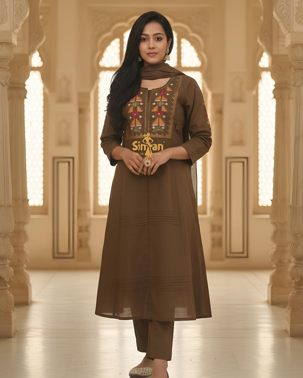 Linen Cotton Embroidered Kurti Pant Dupatta Set 014952