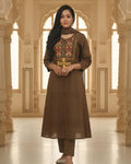Linen Cotton Embroidered Kurti Pant Dupatta Set 014952