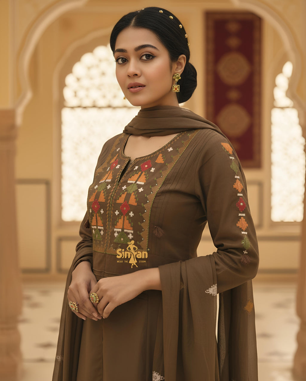 Linen Cotton Embroidered Kurti Pant Dupatta Set 014952