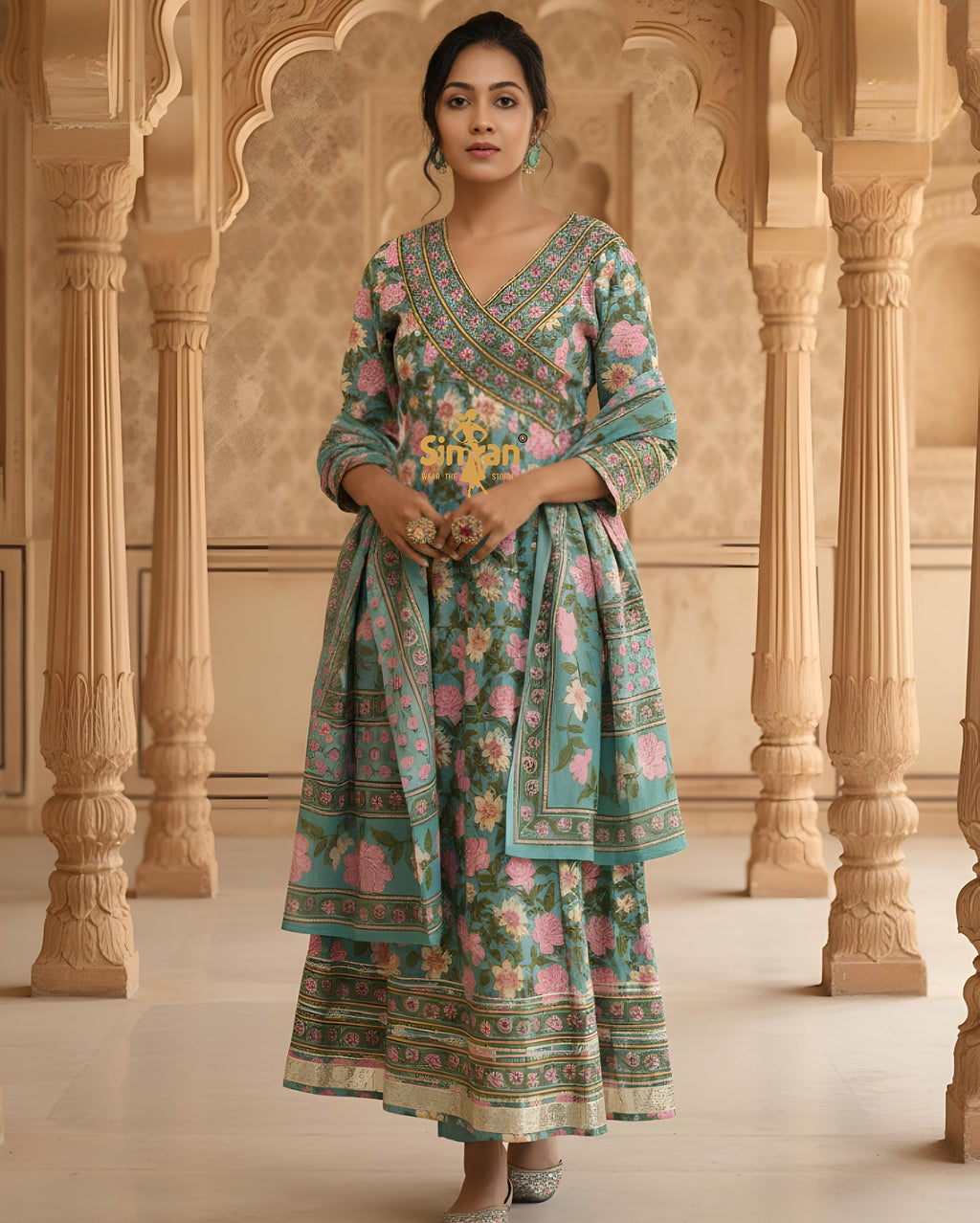 Flared Kurti Pant Dupatta Set with Gota Border 014926