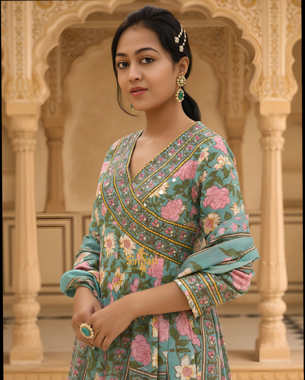 Flared Kurti Pant Dupatta Set with Gota Border 014926