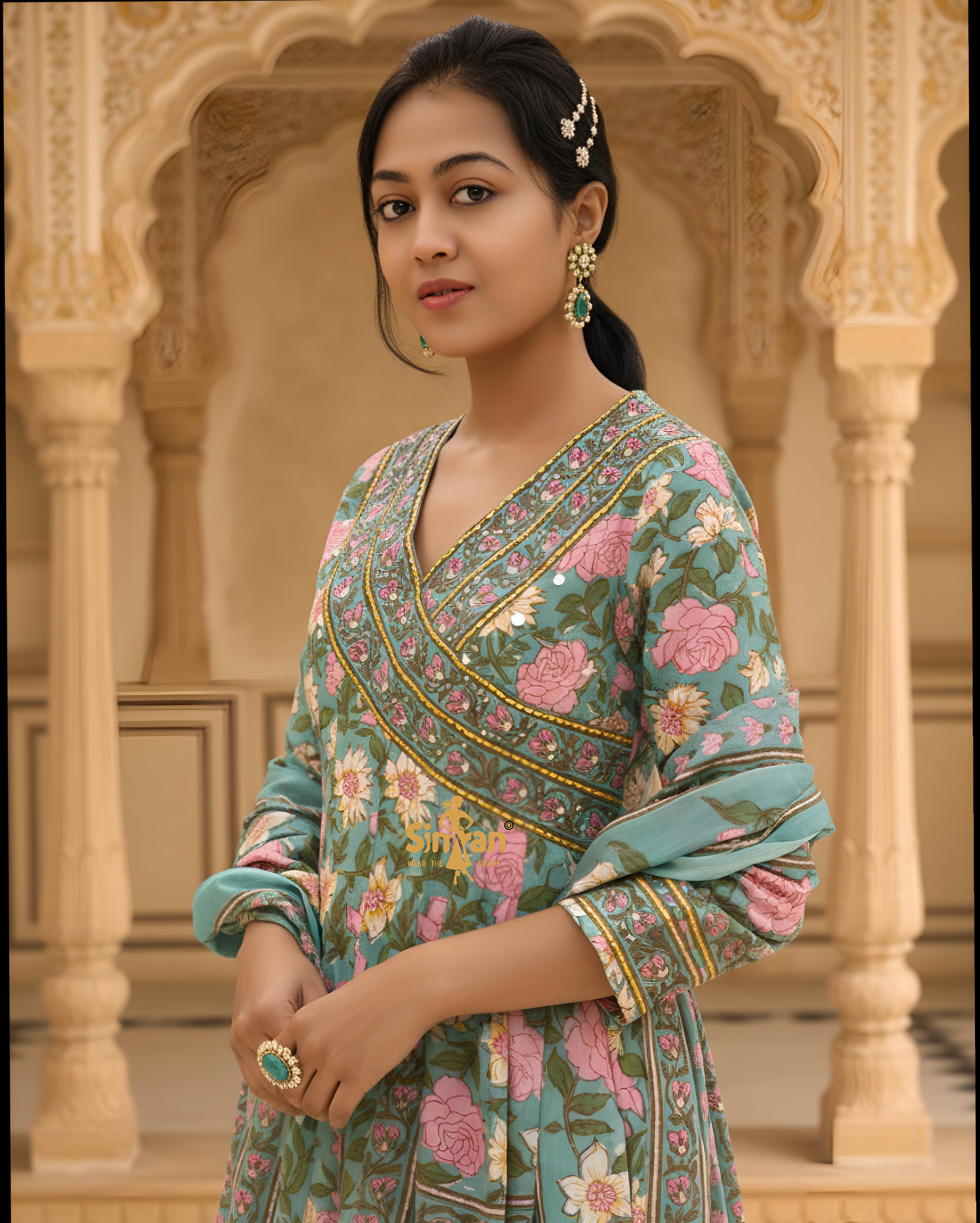 Flared Kurti Pant Dupatta Set with Gota Border 014926