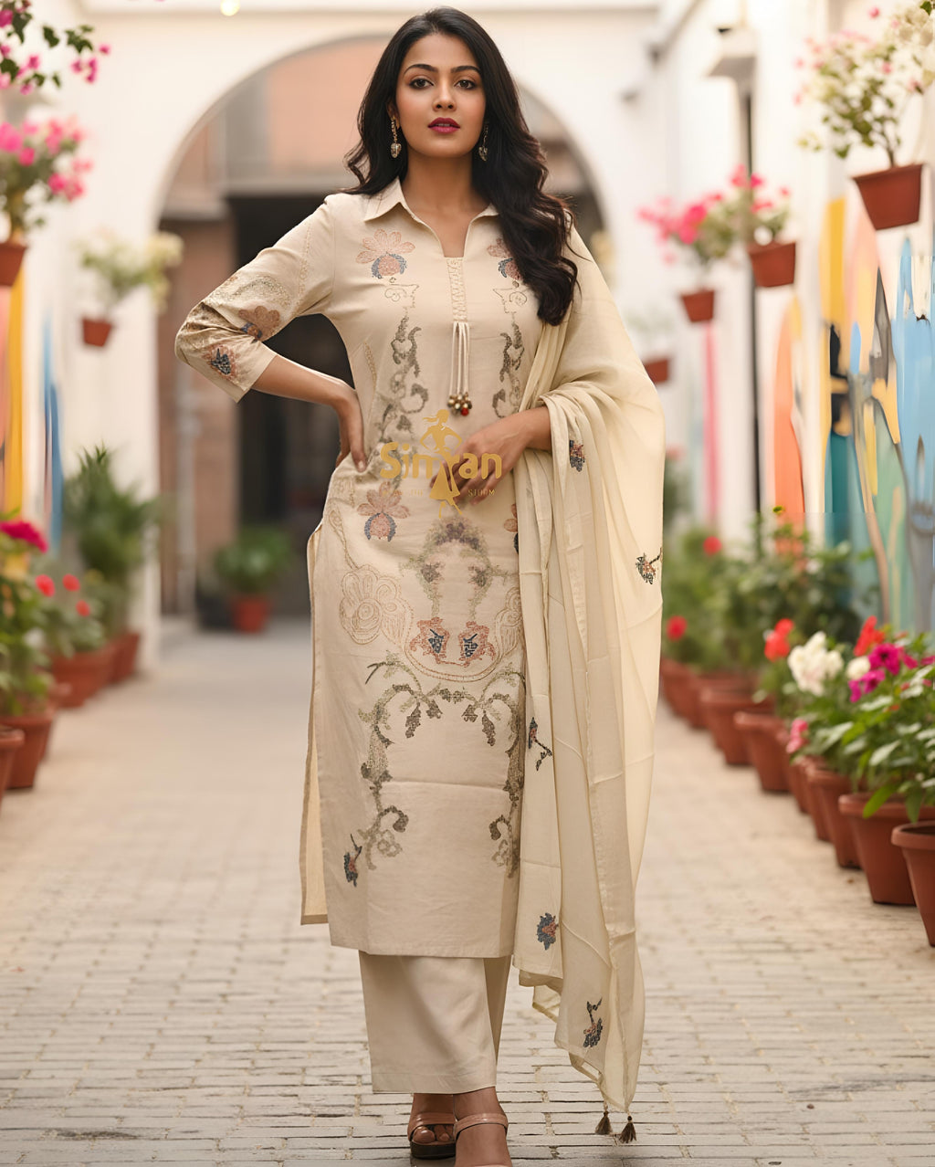 Elegant Embroidered Kurti Pant Dupatta Set 015410