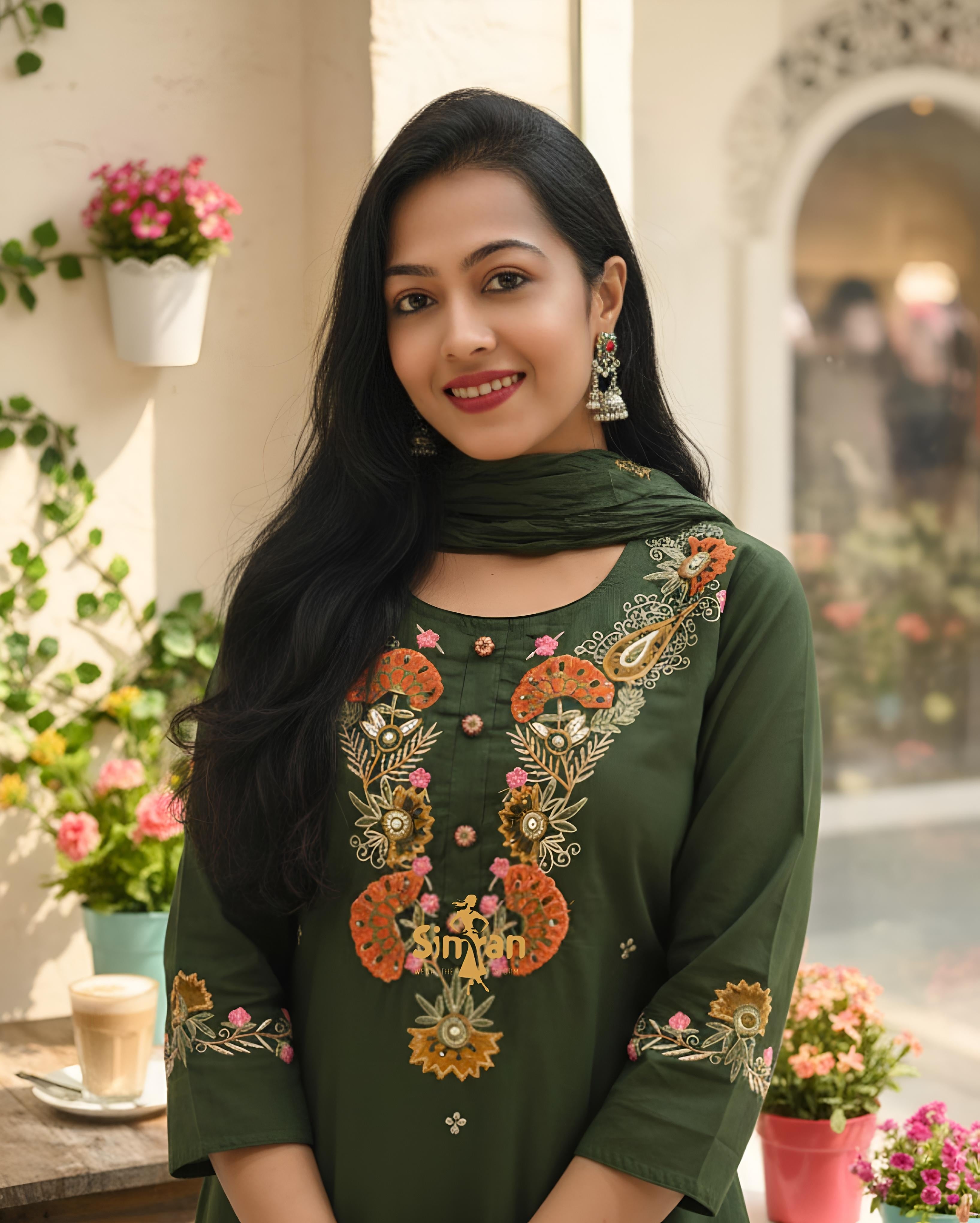 Pure Cotton Embroidered Kurti Pant Dupatta Set 015463