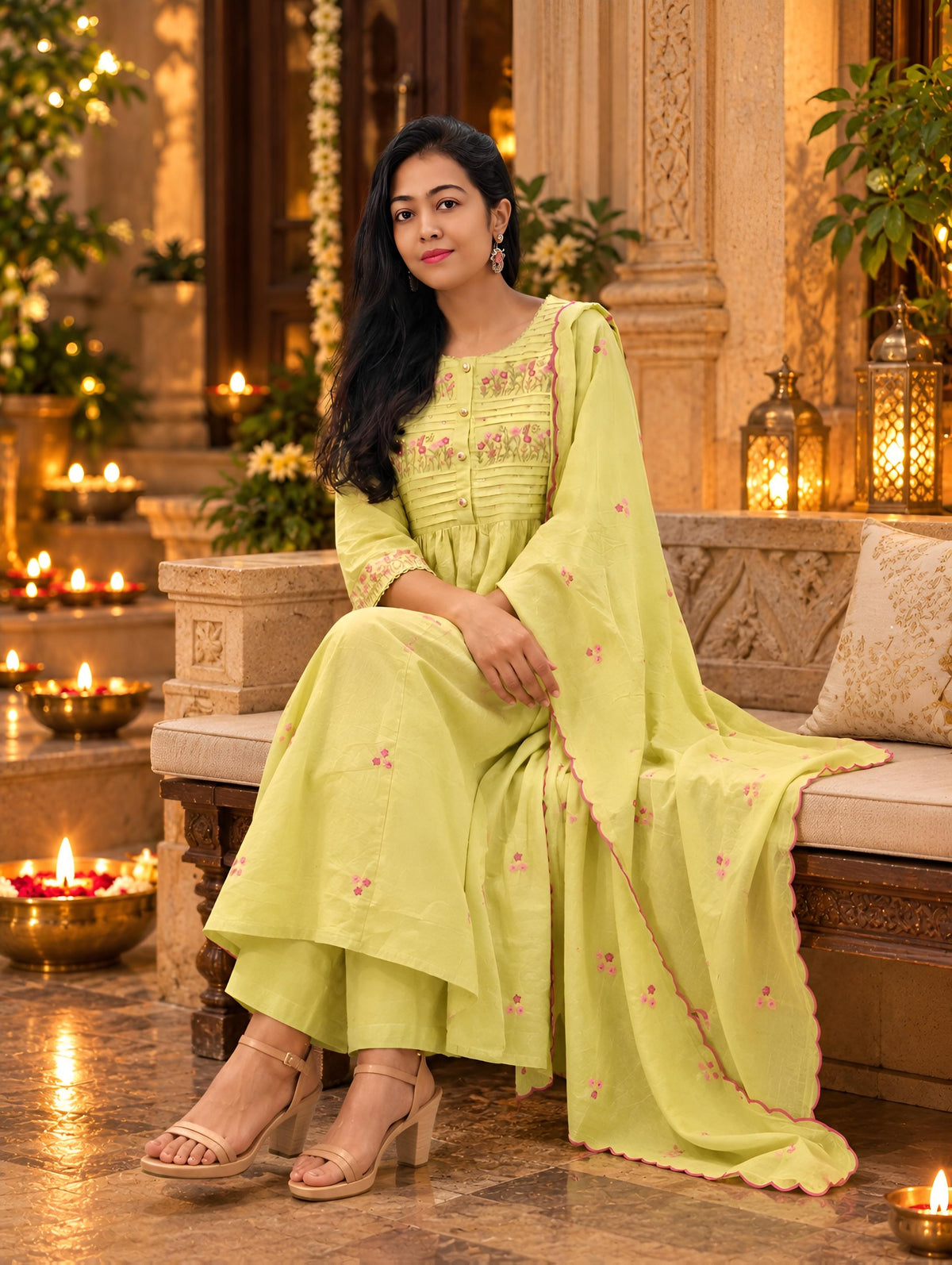 Pure Cotton Embroidered A-Line Kurta Pant Dupatta Set 017135