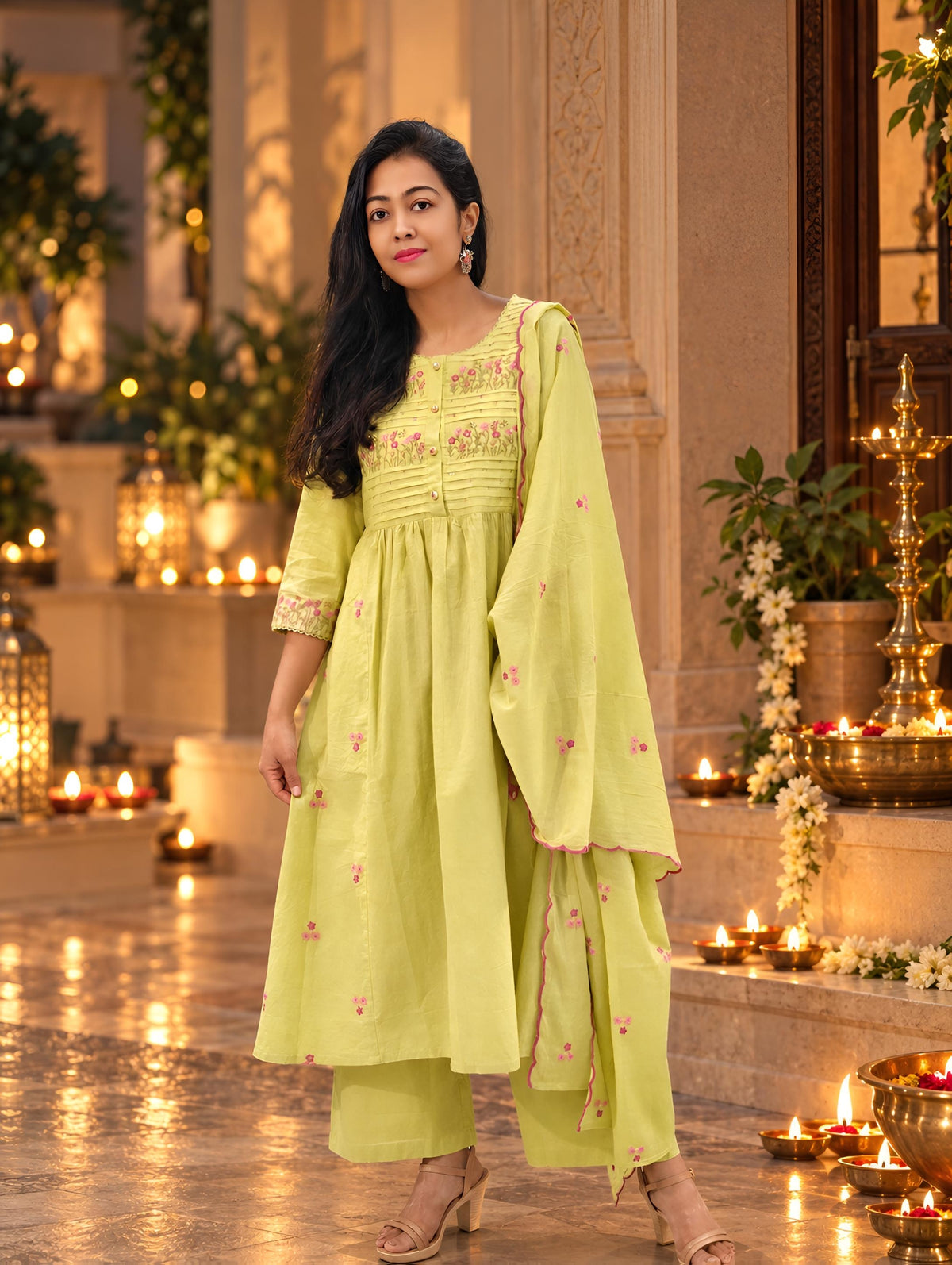 Pure Cotton Embroidered A-Line Kurta Pant Dupatta Set 017135