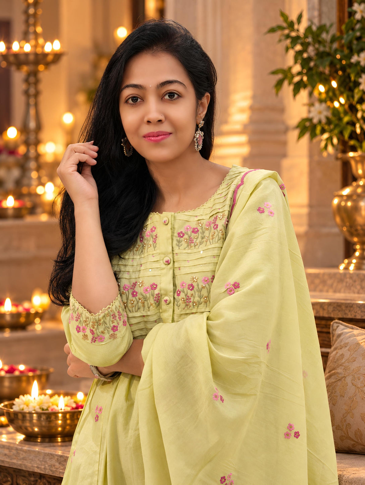 Pure Cotton Embroidered A-Line Kurta Pant Dupatta Set 017135