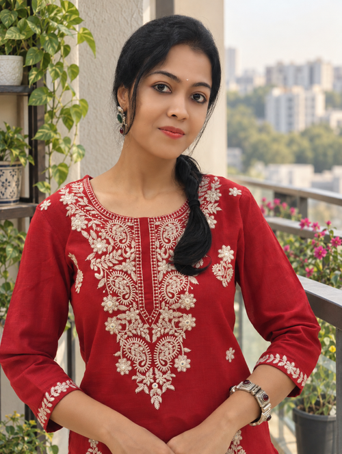 Elegant Red Embroidered Straight Kurta 017078