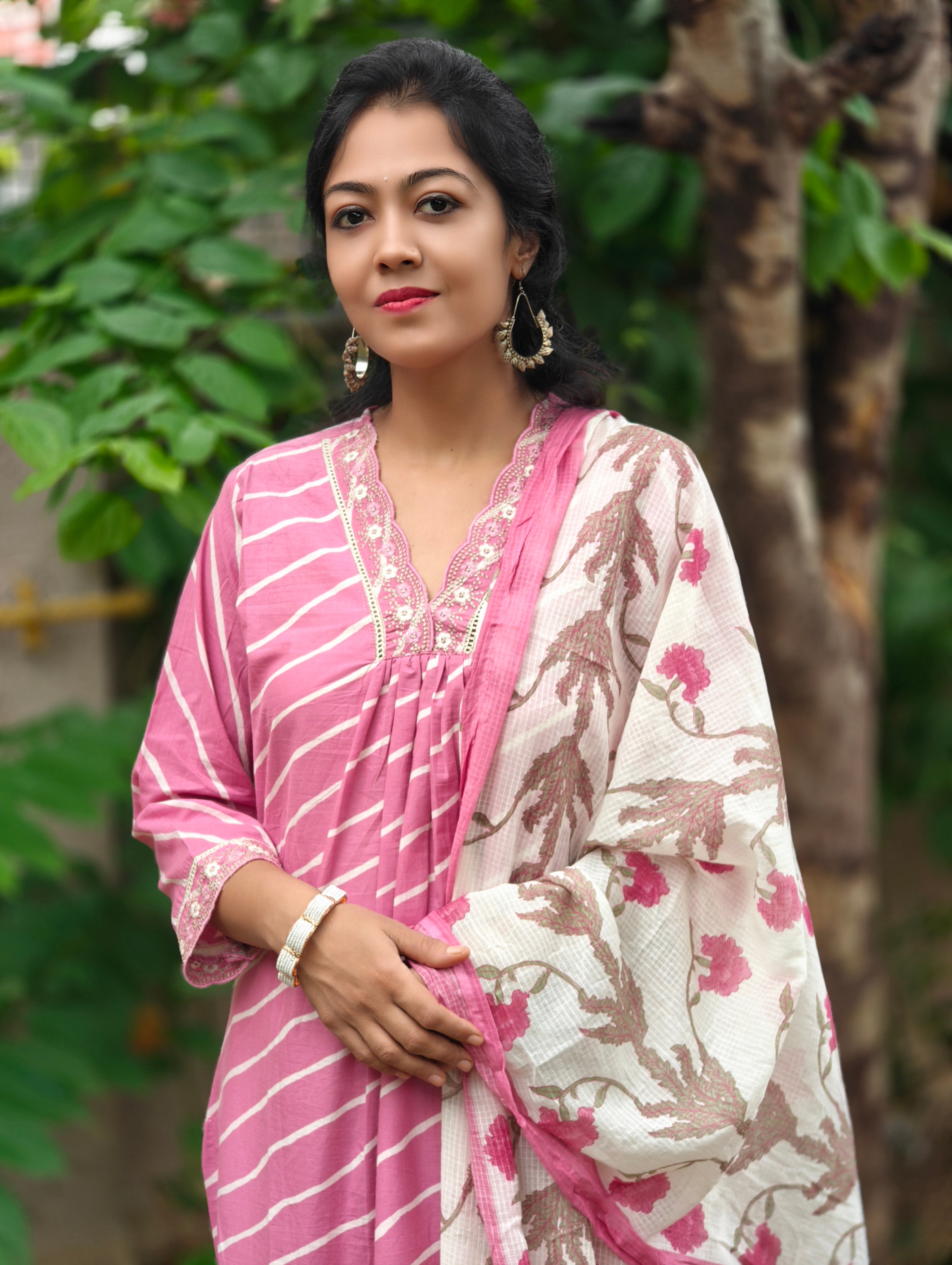 Pure Cotton A-Line Lehriya Kurti Pant & Dupatta Set 016321