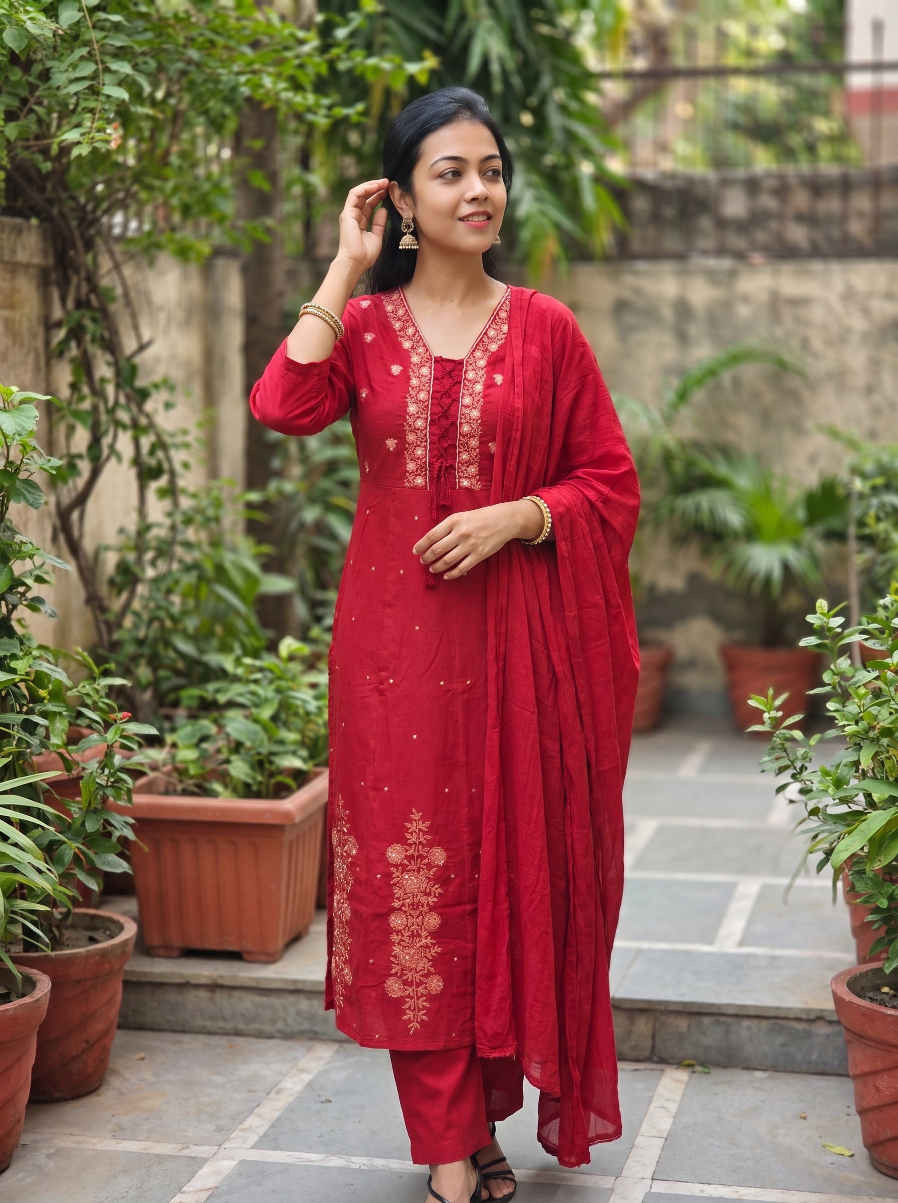 Pure Cotton A-Line Embroidered Kurti Pant Dupatta Set 016346