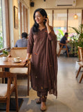 Linen Cotton Embroidered Kurti Pant Dupatta Set 016340