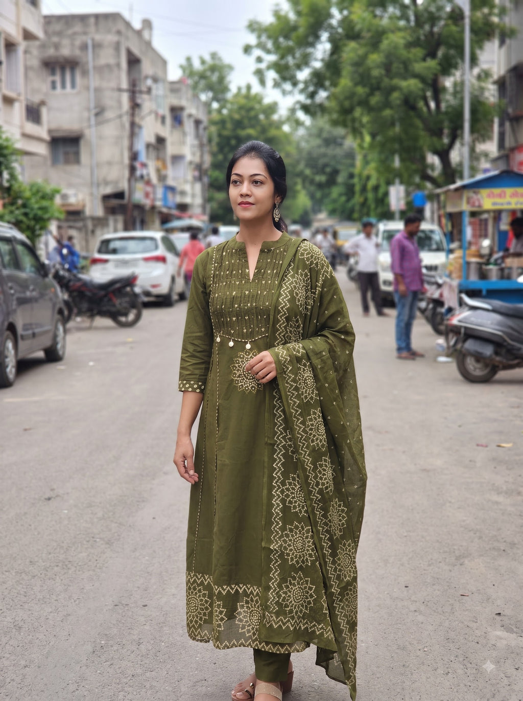 Pure Cotton Flared Kurti Pant Dupatta Set 016517