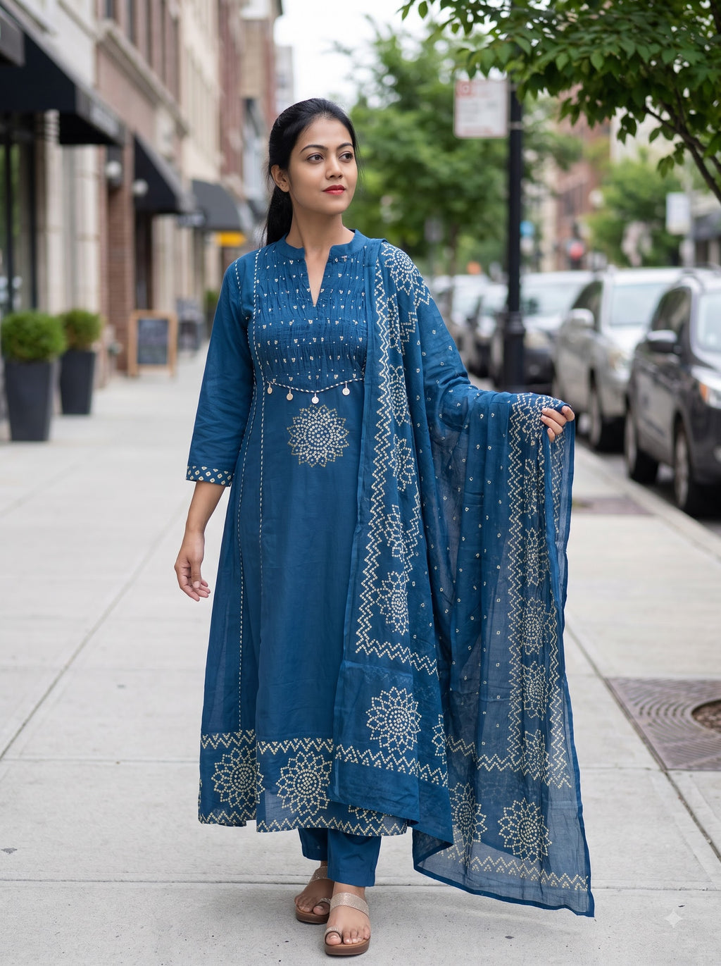 Pure Cotton Flared Kurti Pant Dupatta Set 016514