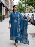 Pure Cotton Flared Kurti Pant Dupatta Set 016514